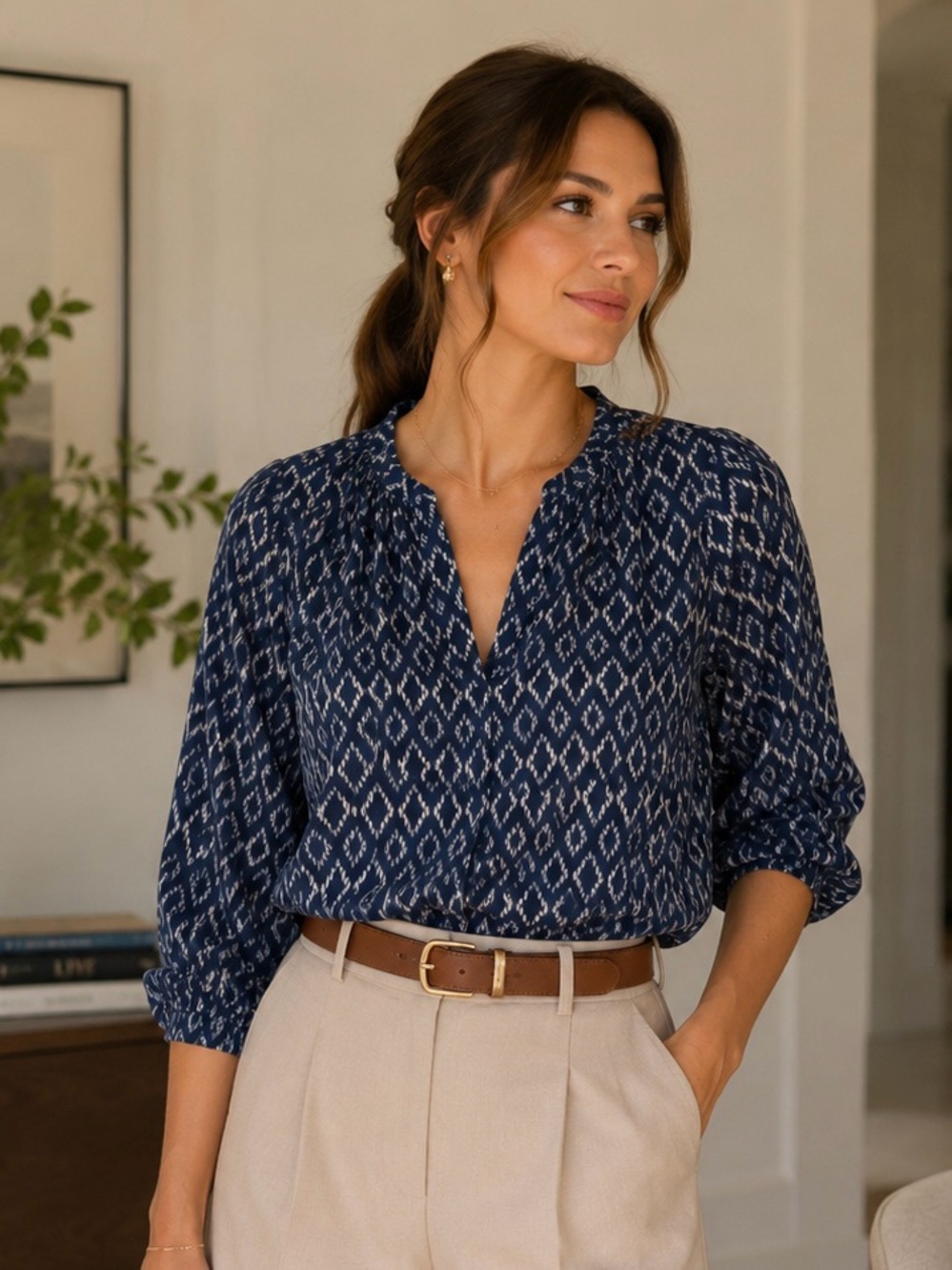 Banana Republic Navy and White Printed Split-Neck Blouse